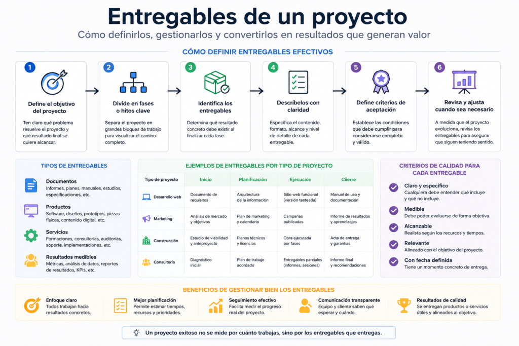 Diagrama sobre cómo definir los entregables de un proyecto con tipos, ejemplos y criterios de calidad