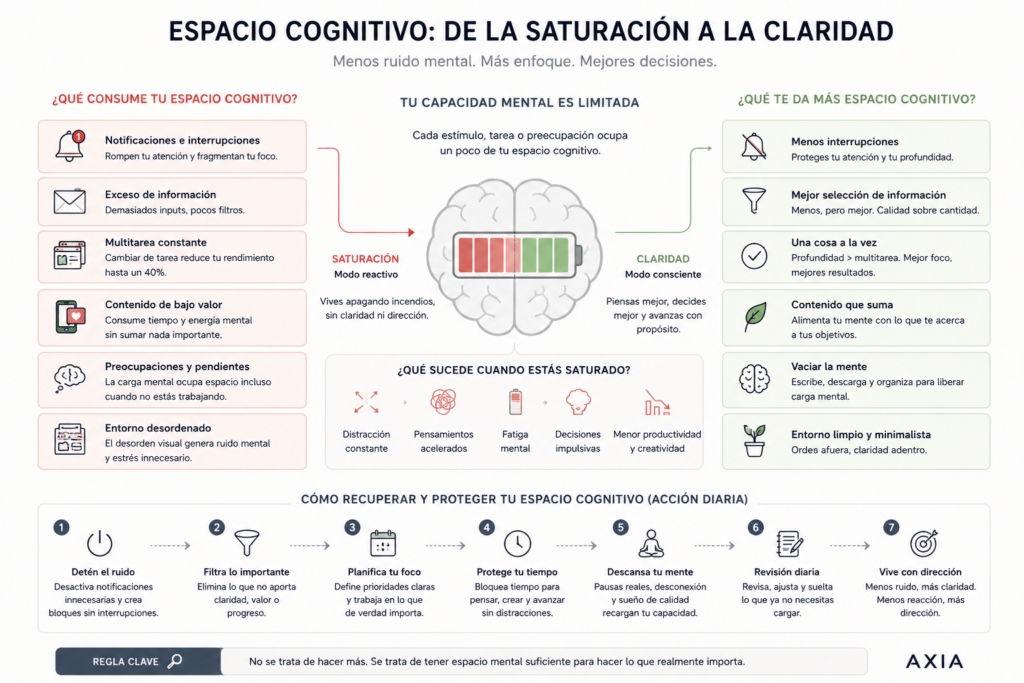 Infografía sobre cómo recuperar espacio cognitivo, reducir saturación mental y mejorar claridad mental diariamente.