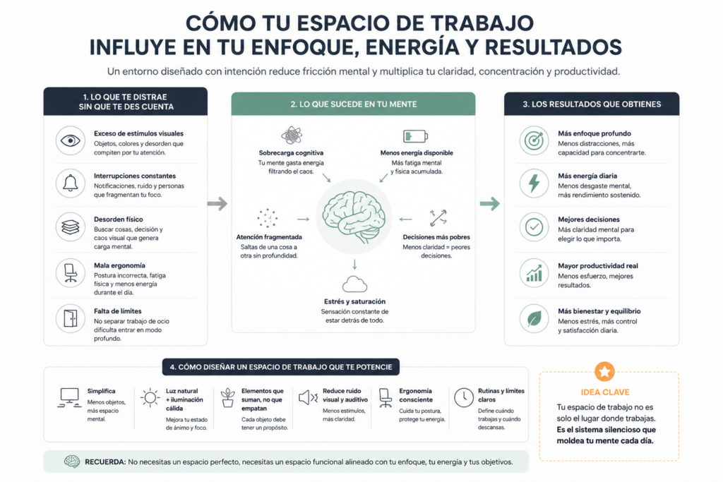 Diagrama sobre cómo el espacio de trabajo afecta la concentración, energía y productividad mental