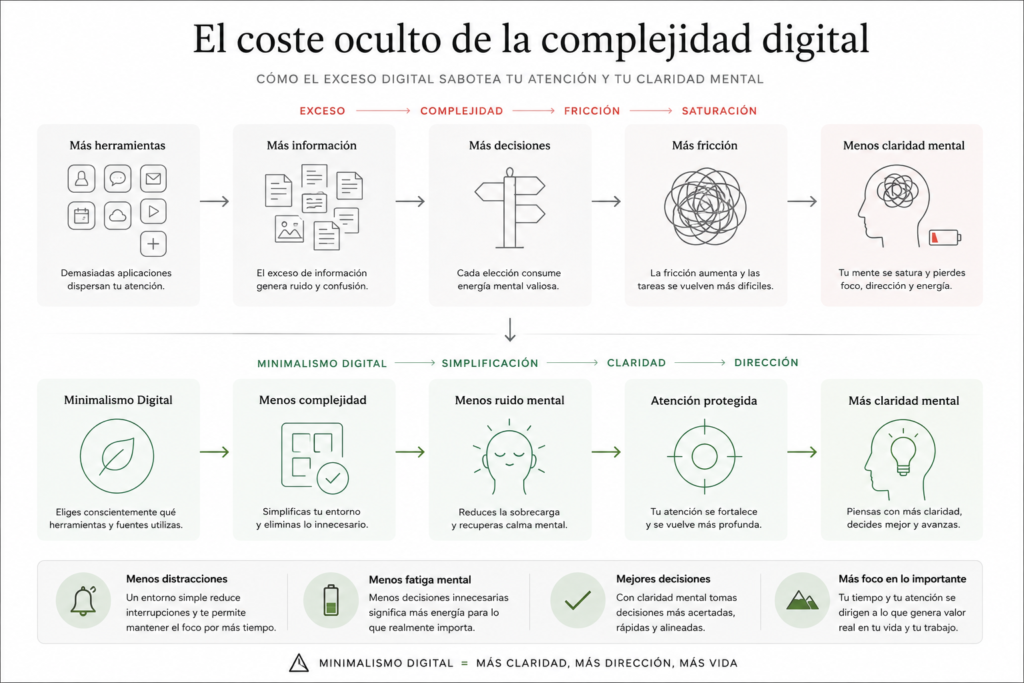 diagrama de minimalismo digital para reducir complejidad y mejorar la claridad mental