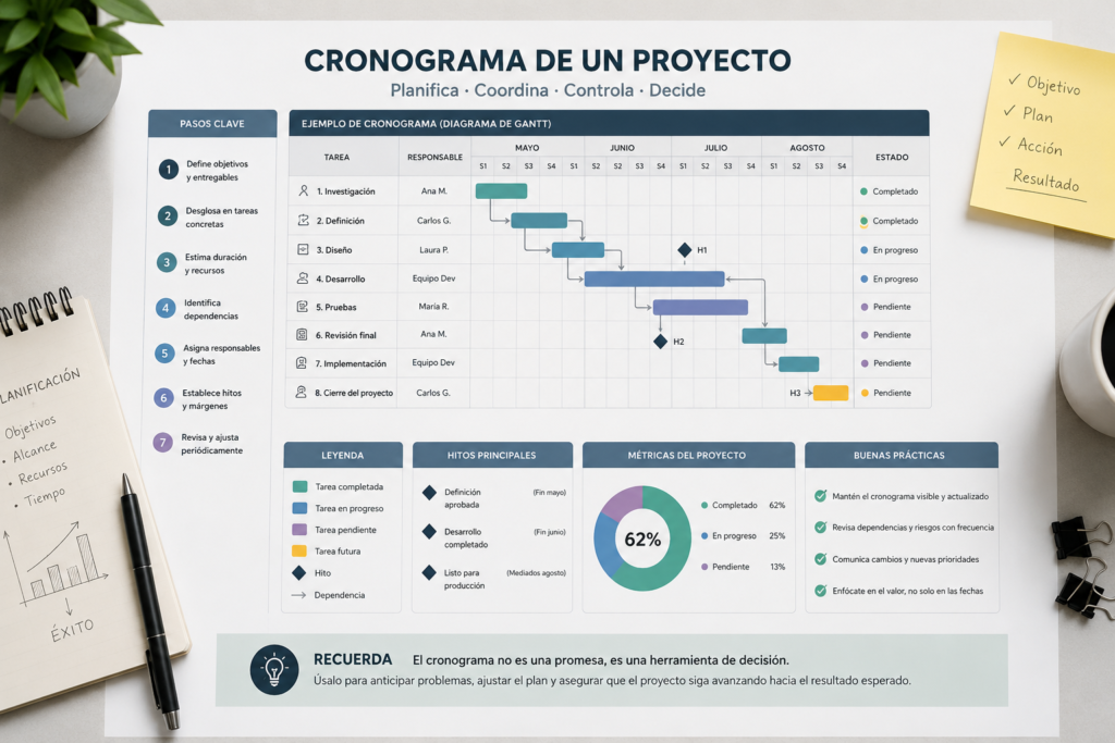 Ejemplo de cronograma de un proyecto con tareas, responsables, dependencias, hitos, seguimiento y diagrama de Gantt