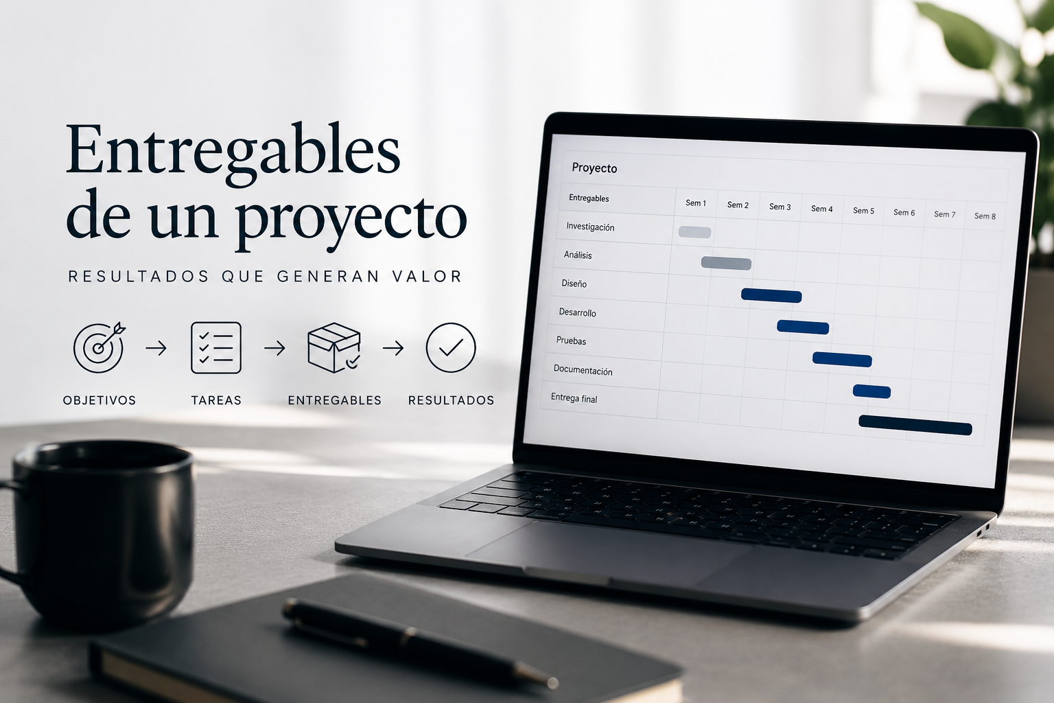 Entregables de un proyecto representados en un diagrama de planificación con resultados, tareas y objetivos