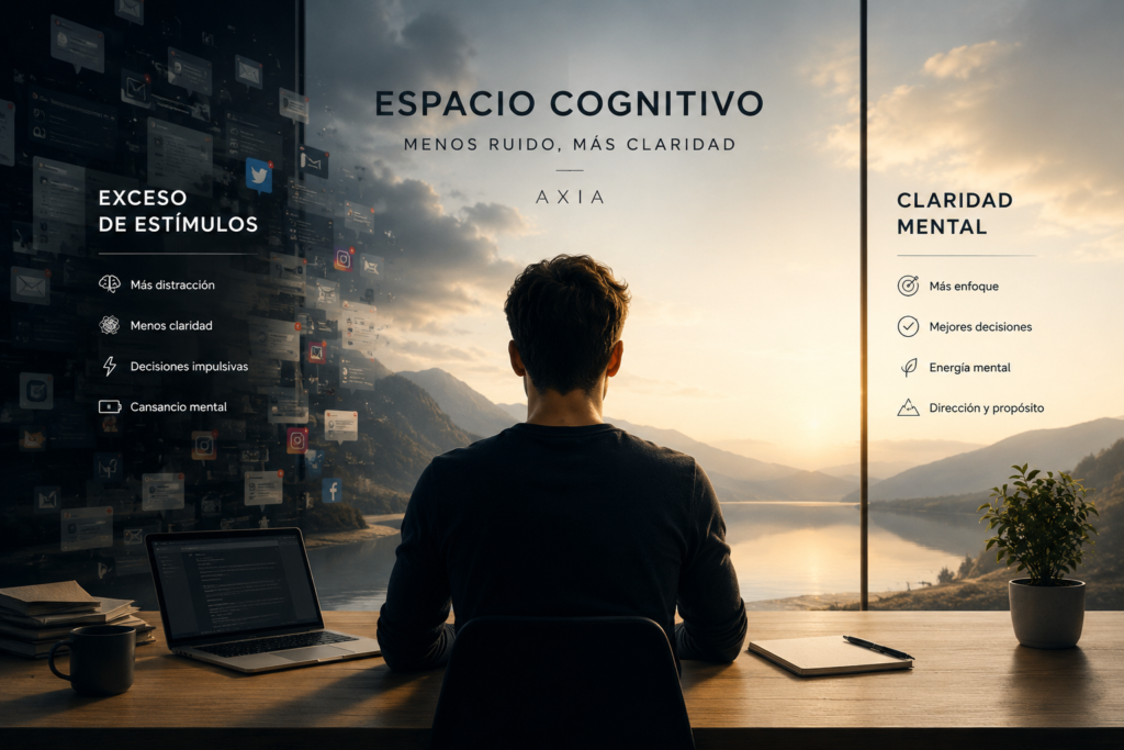 Representación visual del espacio cognitivo, la saturación mental y la claridad mental en un entorno moderno de trabajo.