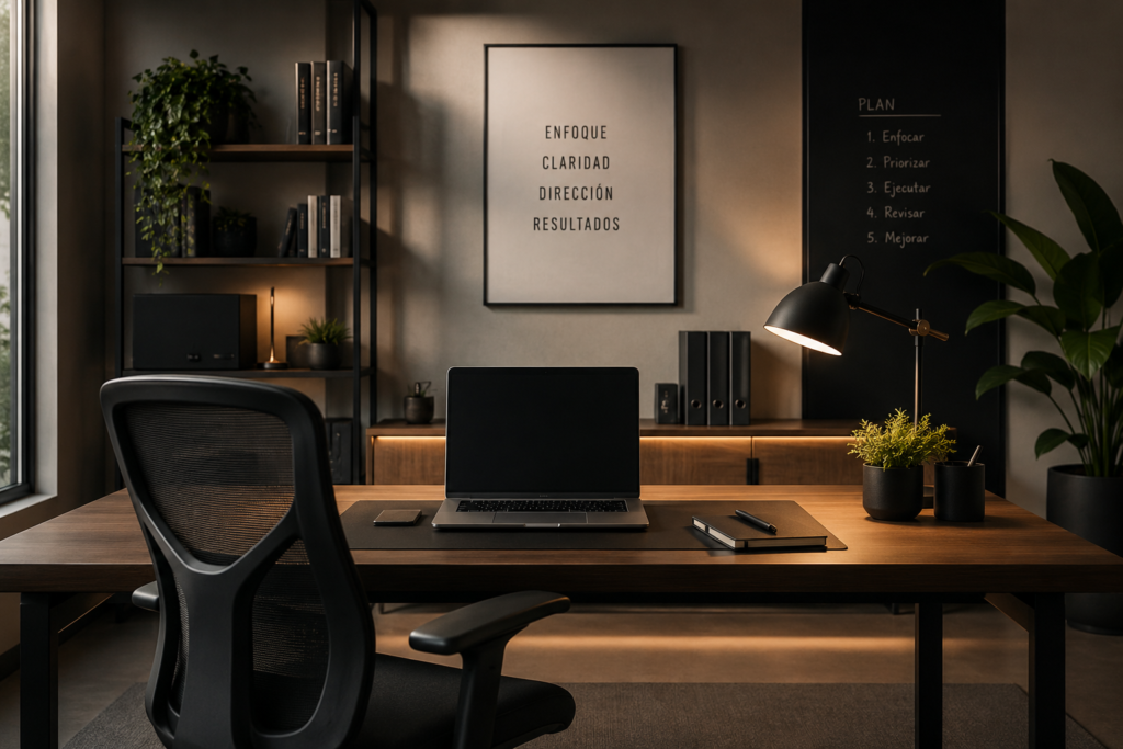Espacio de trabajo minimalista y elegante diseñado para mejorar concentración y claridad mental