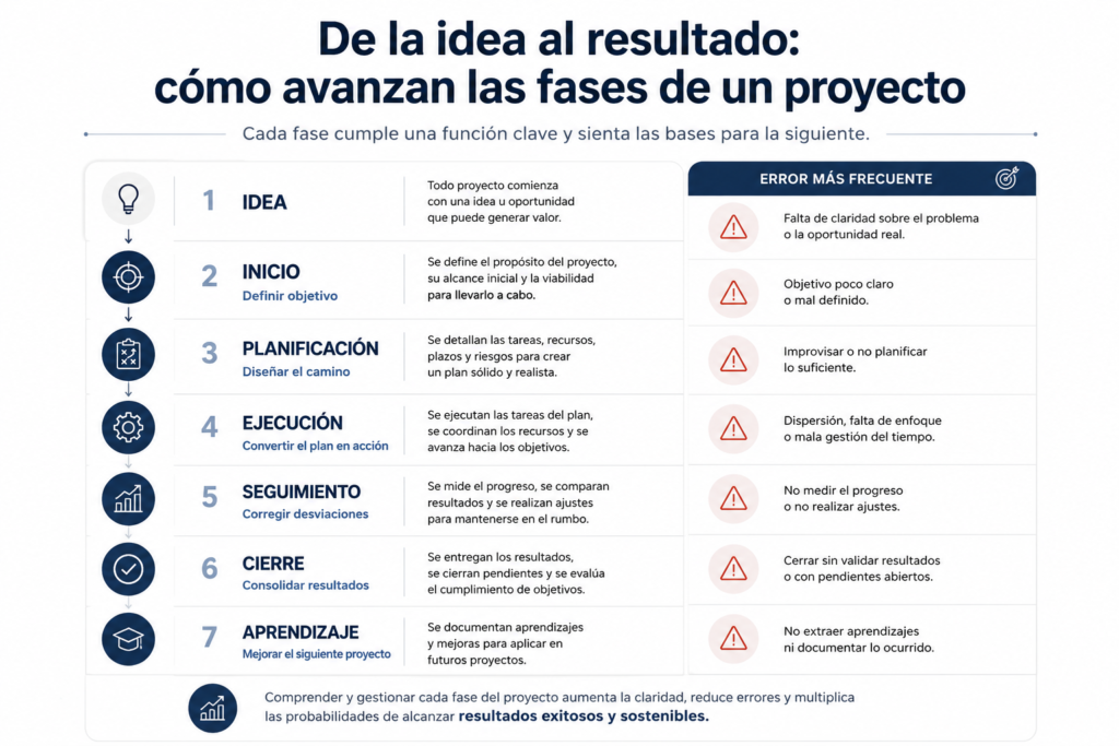 Diagrama de las fases de un proyecto desde la idea inicial hasta el cierre y aprendizaje final