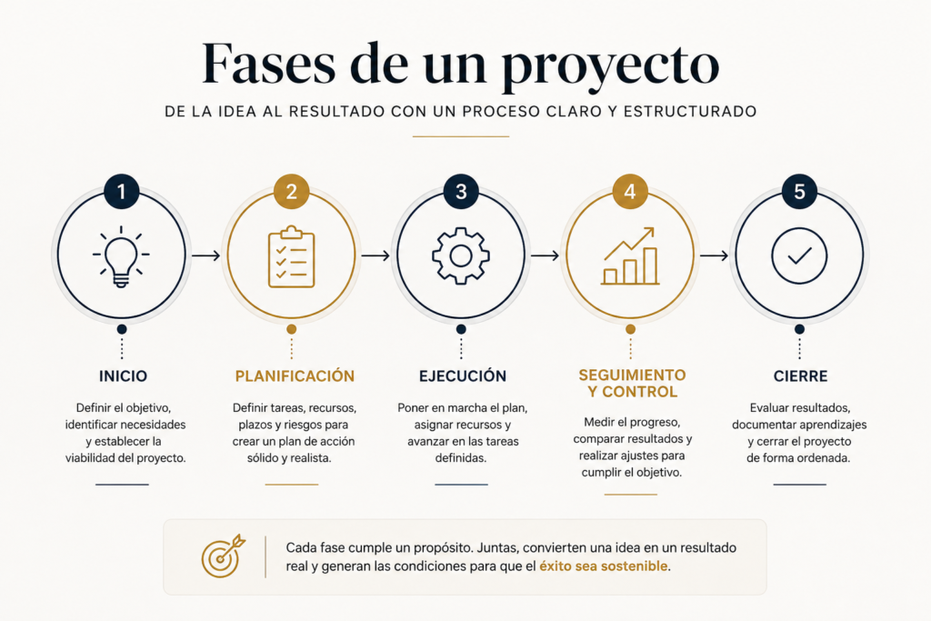 Infografía de las fases de un proyecto con las etapas de inicio, planificación, ejecución, seguimiento y cierre