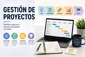 Gestión de proyectos representada mediante un flujo de planificación, ejecución y seguimiento en un entorno de trabajo profesional orientado a resultados.