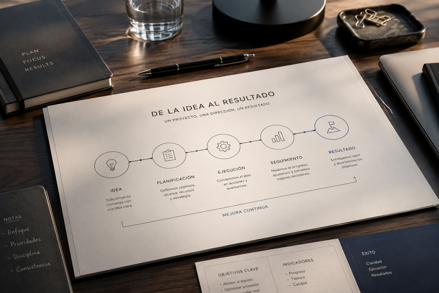 Gestión de proyectos representada mediante un flujo estratégico que conecta idea, planificación, ejecución, seguimiento y resultados en un entorno profesional.