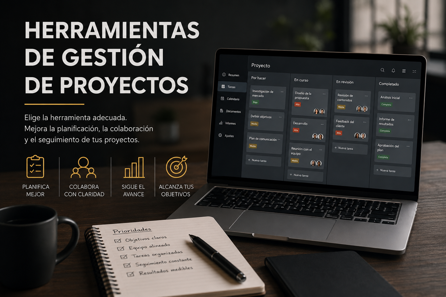 Herramientas de gestión de proyectos para planificar, coordinar equipos y realizar el seguimiento del avance de un proyecto.