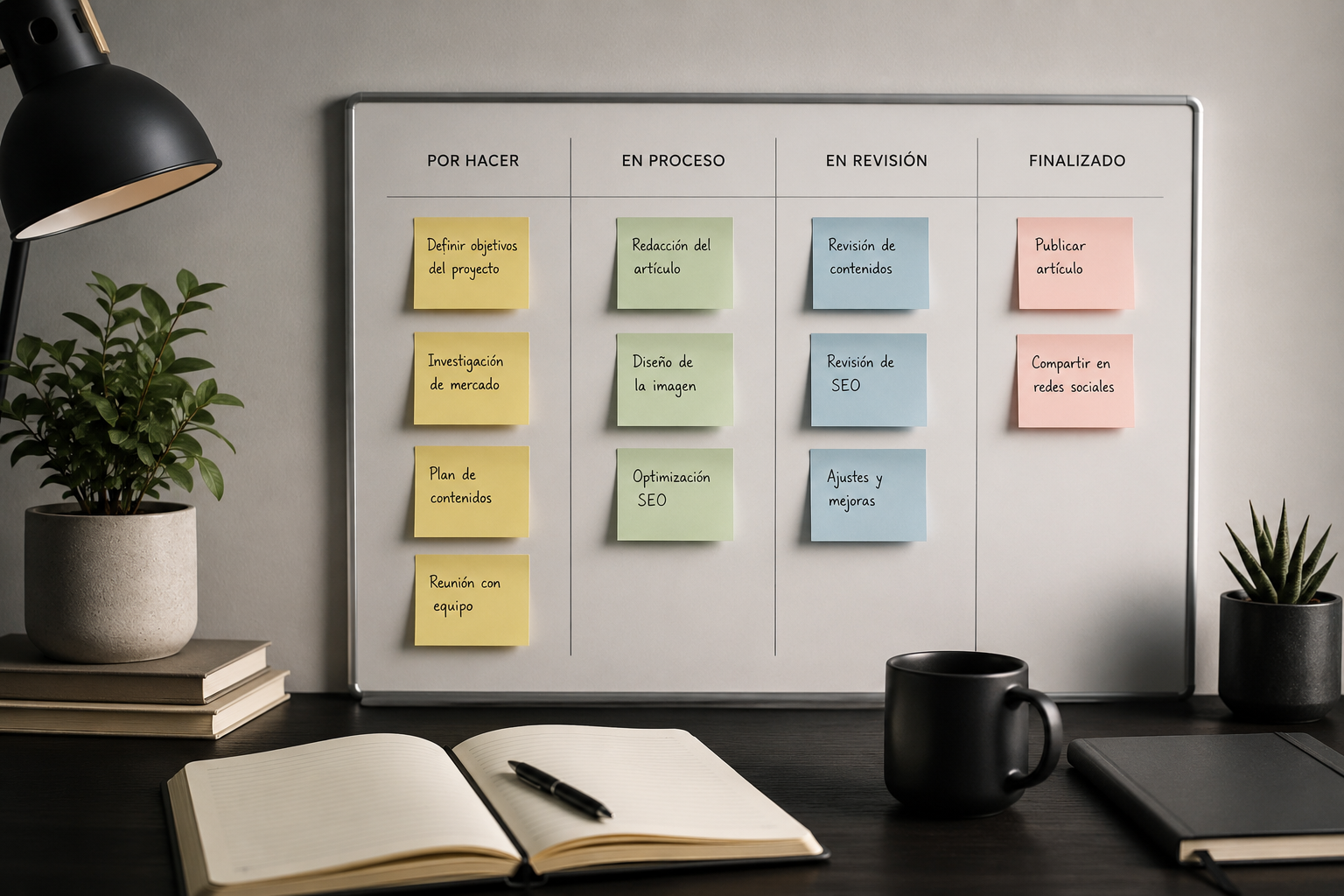 Tablero del método Kanban con columnas para organizar tareas y proyectos mediante un flujo visual de trabajo