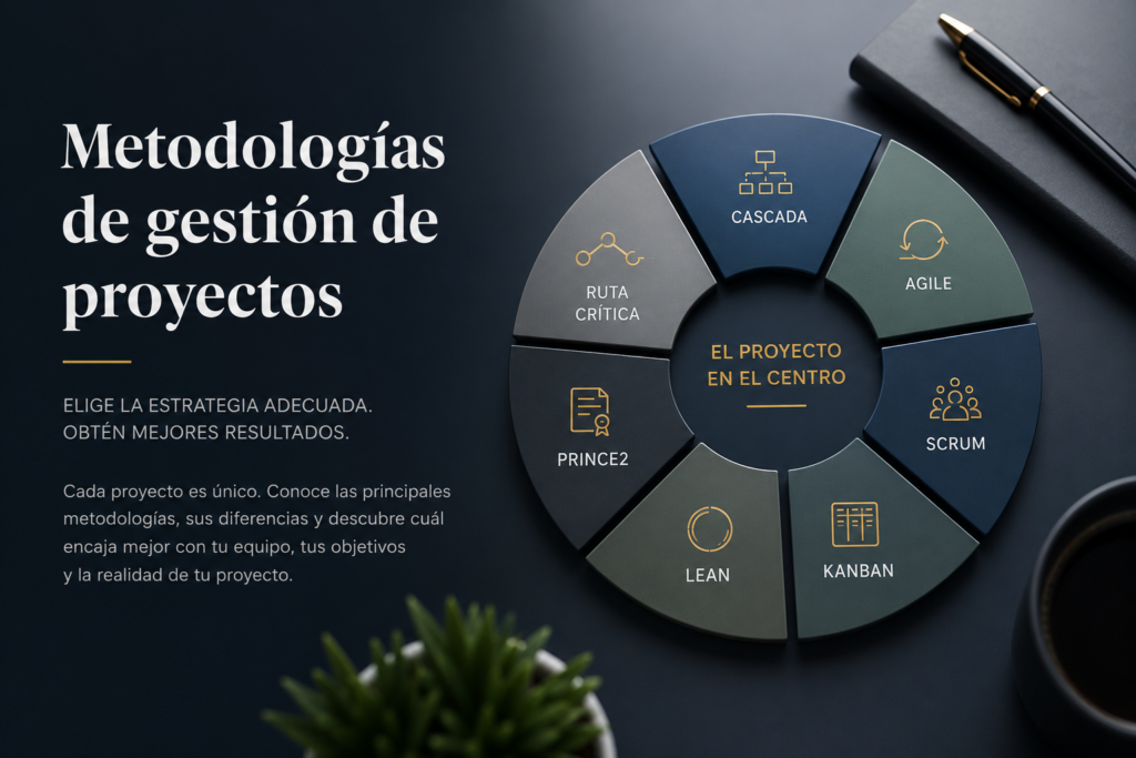 Comparativa visual de metodologías de gestión de proyectos como cascada, Agile, Scrum, Kanban, Lean, PRINCE2 y ruta crítica