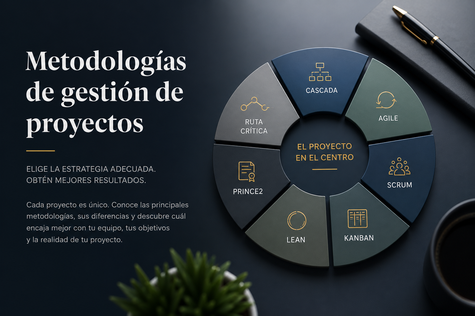 Comparativa visual de metodologías de gestión de proyectos como cascada, Agile, Scrum, Kanban, Lean, PRINCE2 y ruta crítica