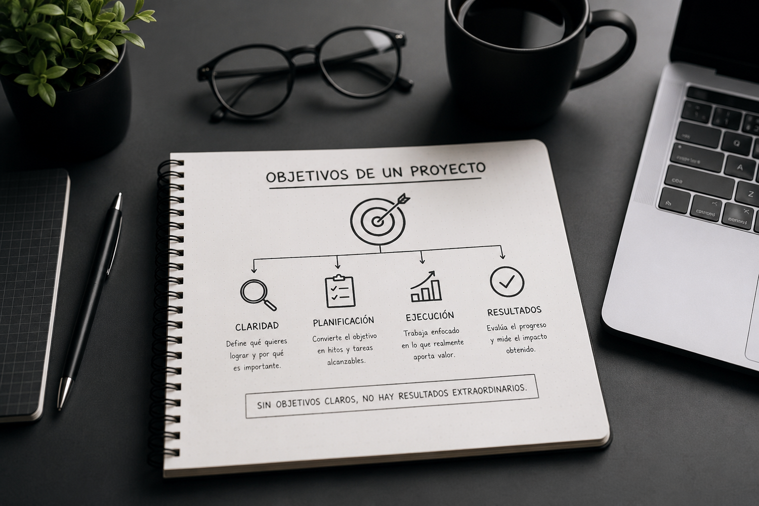 Objetivos de un proyecto representados mediante un esquema visual con claridad, planificación, ejecución y resultados.