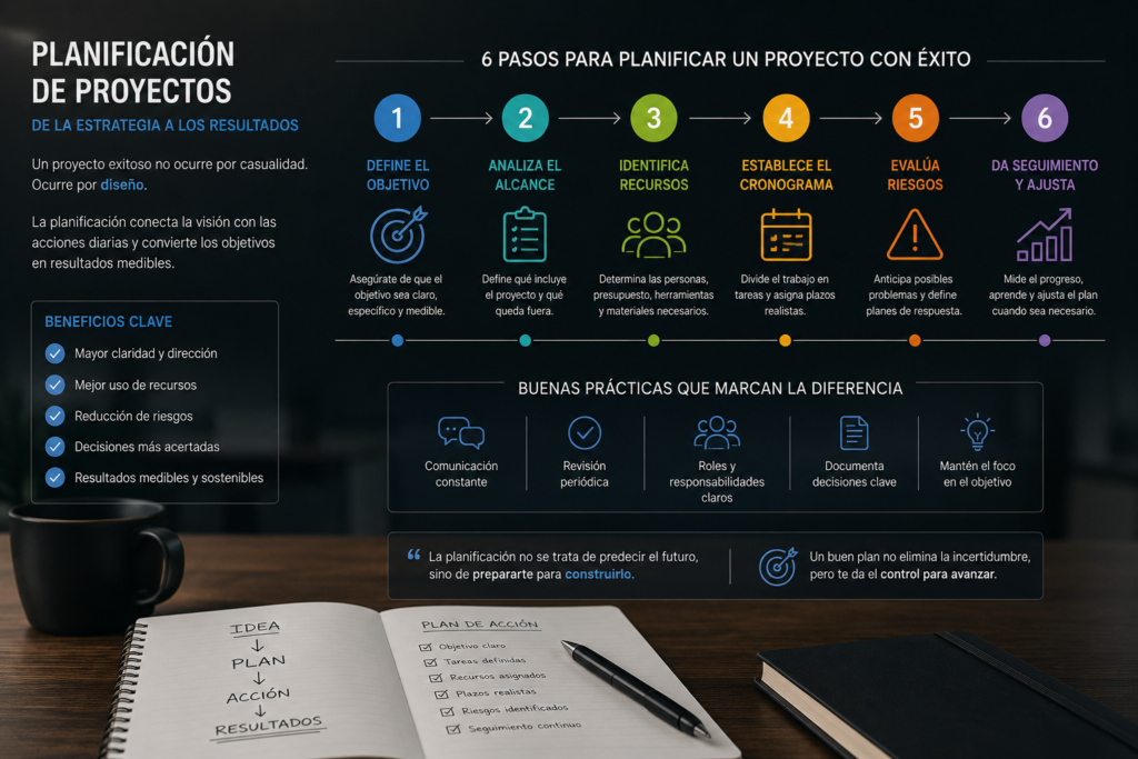 Infografía de planificación de proyectos con objetivos, alcance, recursos, cronograma, riesgos y seguimiento paso a paso