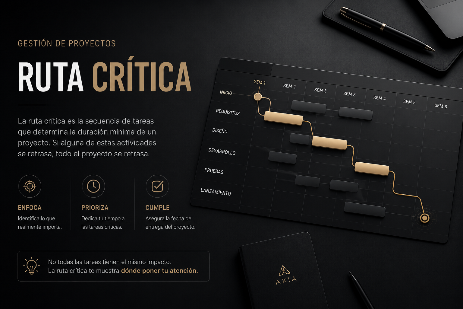 Diagrama de la ruta crítica en gestión de proyectos con las tareas críticas que determinan la duración mínima del proyecto