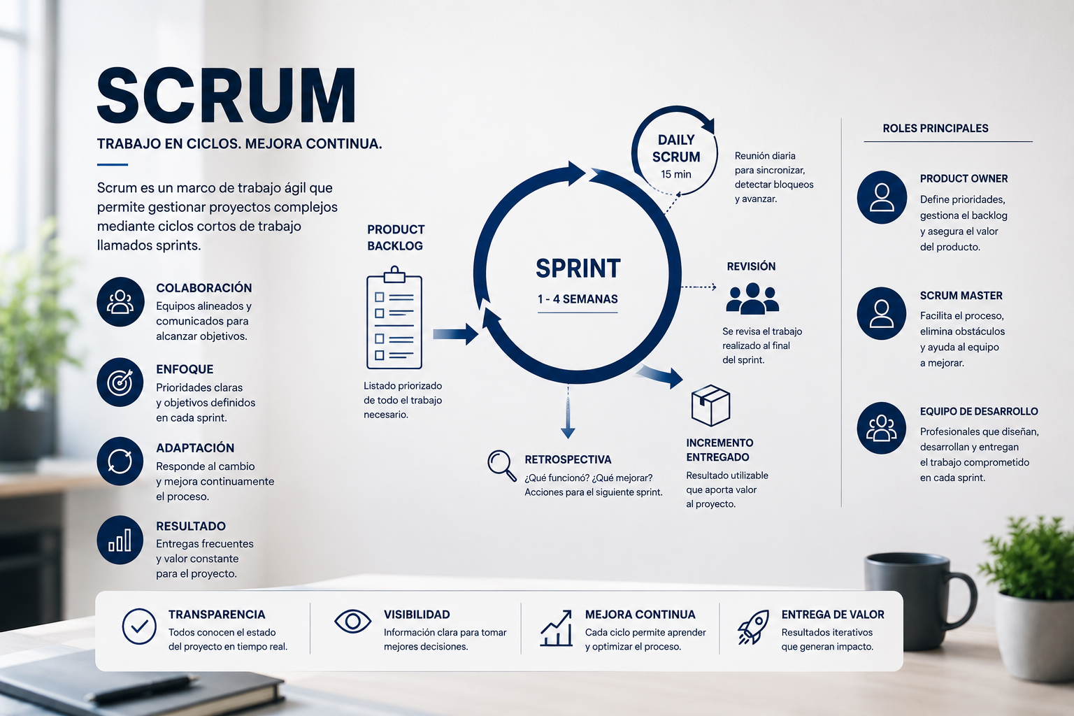 Diagrama profesional de Scrum con sprints, backlog, roles y flujo de trabajo de la metodología ágil