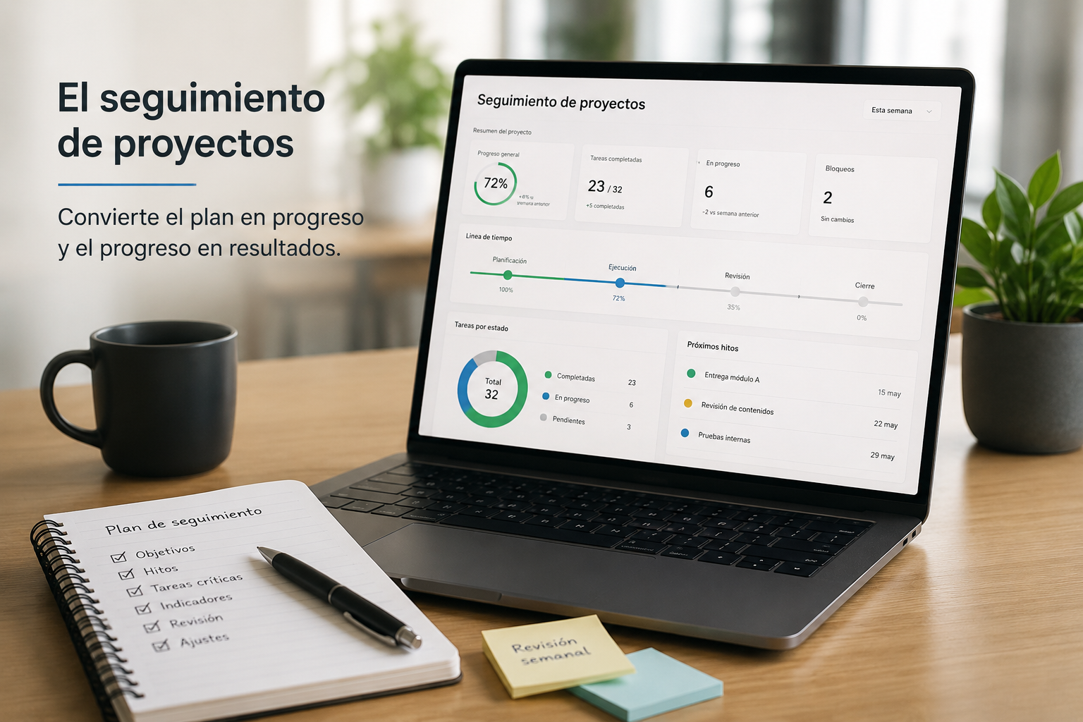Seguimiento de proyectos con panel de avance, hitos, tareas críticas, bloqueos e indicadores