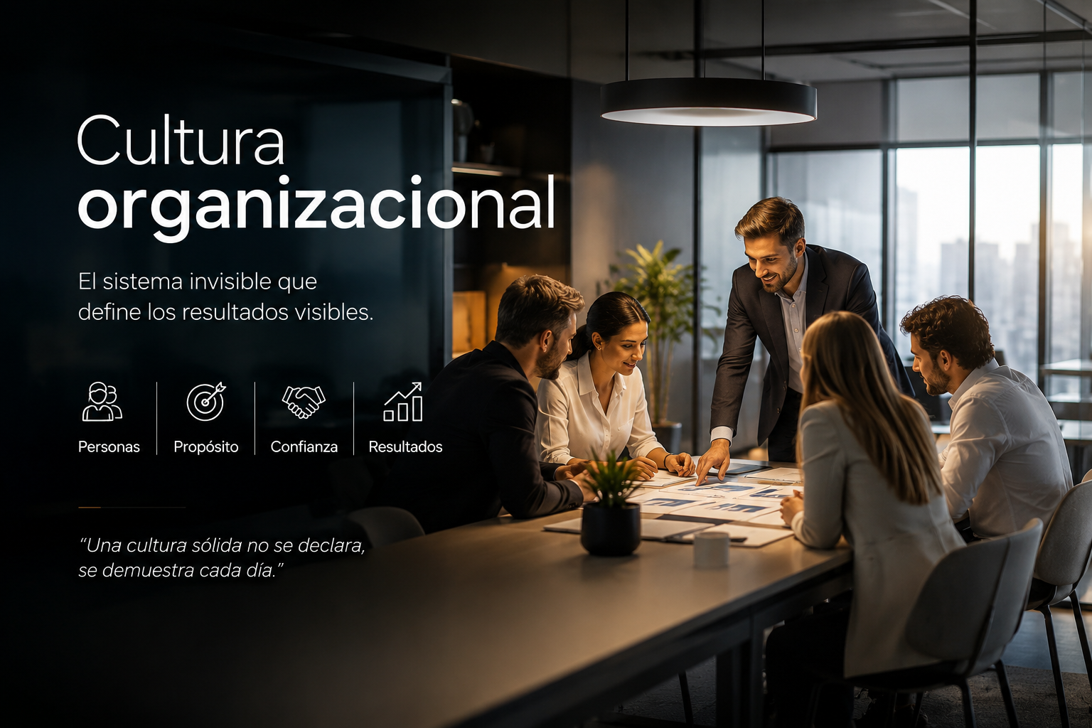 Equipo de profesionales colaborando en una empresa con una cultura organizacional basada en el liderazgo, la confianza, la comunicación y unos valores compartidos.