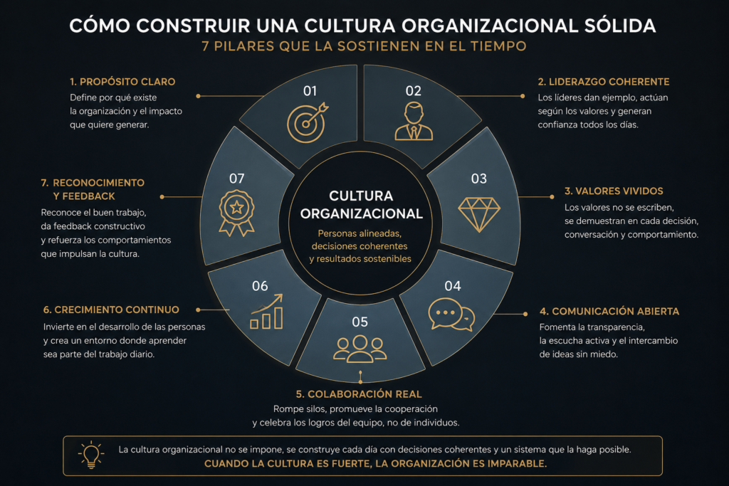 Infografía sobre cultura organizacional que muestra los siete pilares fundamentales para construir una empresa sólida mediante liderazgo, valores, comunicación, colaboración y crecimiento continuo.