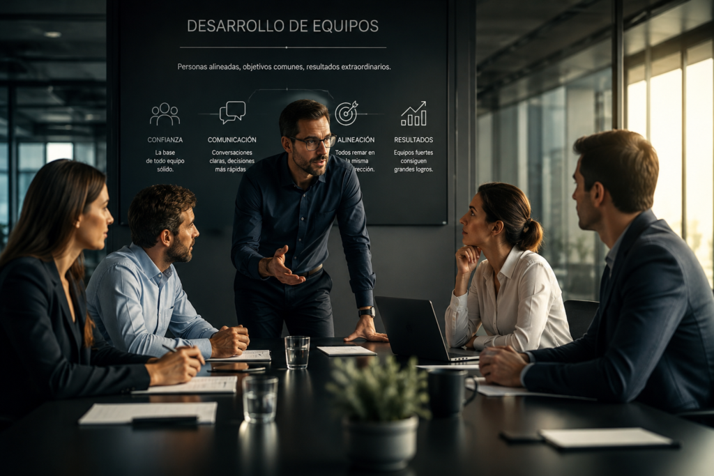 Equipo de trabajo colaborando durante una reunión estratégica para impulsar el desarrollo de equipos de alto rendimiento mediante liderazgo y comunicación efectiva.