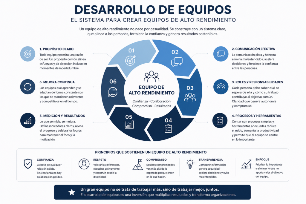 Infografía sobre desarrollo de equipos que muestra las estrategias, principios y fases necesarias para crear equipos de alto rendimiento mediante liderazgo, comunicación y confianza.