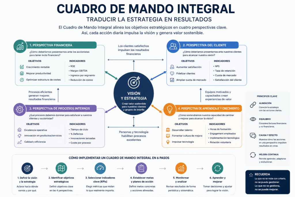 Diagrama del cuadro de mando integral con las cuatro perspectivas estratégicas y sus indicadores clave