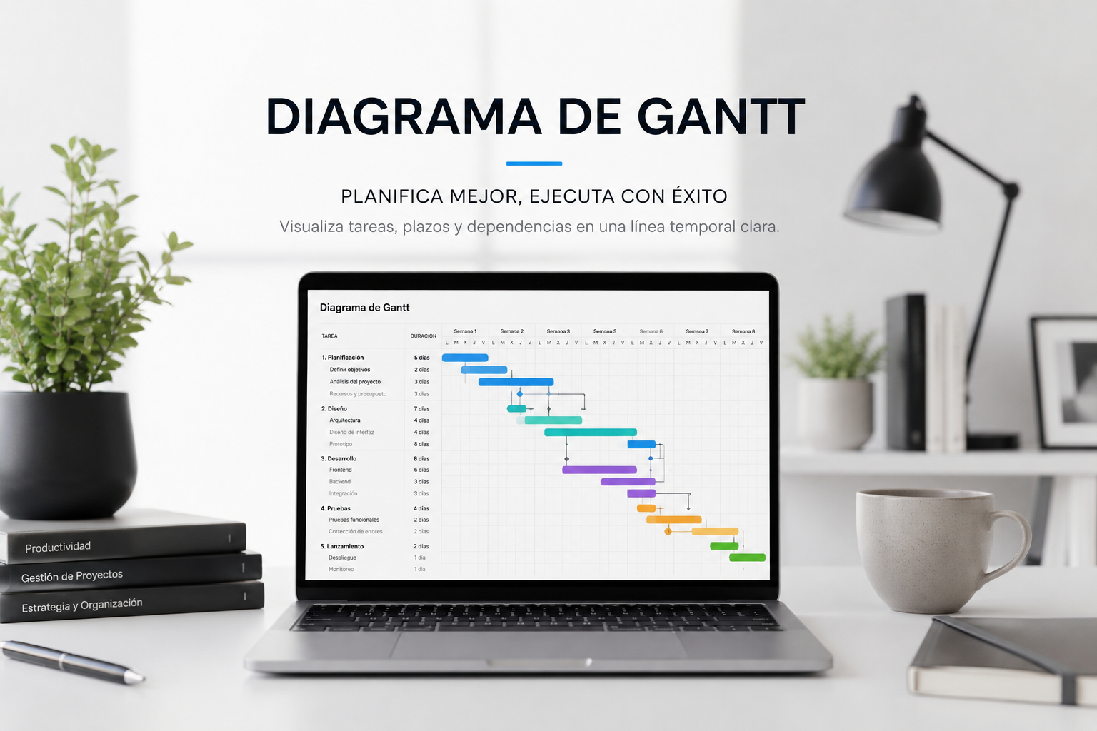 Diagrama de Gantt para planificar tareas, dependencias e hitos de un proyecto