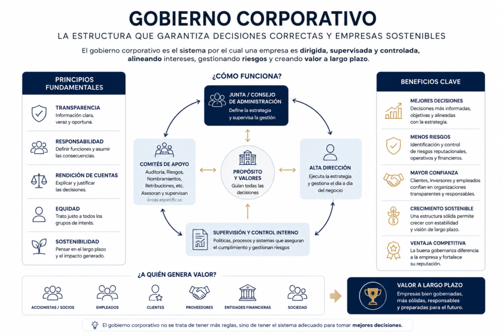 Diagrama del gobierno corporativo con principios, órganos de dirección y beneficios para la empresa