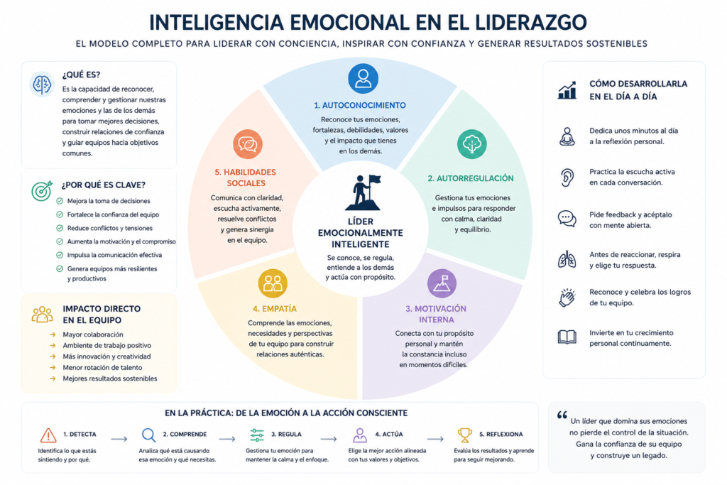 Diagrama que explica los pilares de la inteligencia emocional en el liderazgo: autoconocimiento, autorregulación, motivación, empatía y habilidades sociales