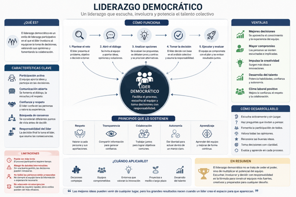 Diagrama que explica el funcionamiento del liderazgo democrático, sus características, ventajas y el proceso de toma de decisiones participativa