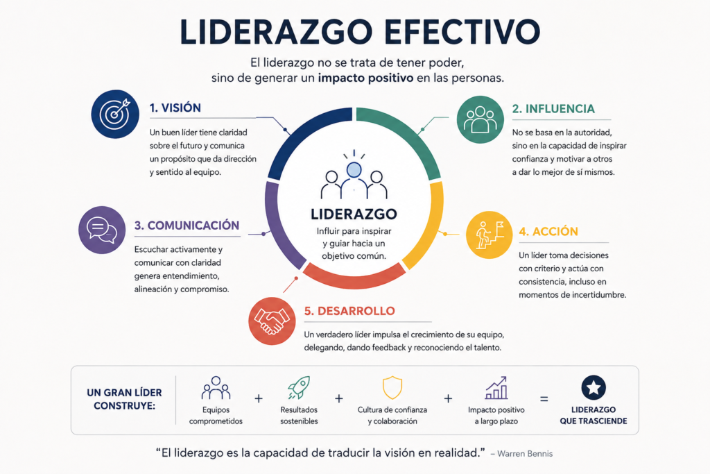 Diagrama que explica los pilares del liderazgo efectivo: visión, influencia, comunicación, acción y desarrollo