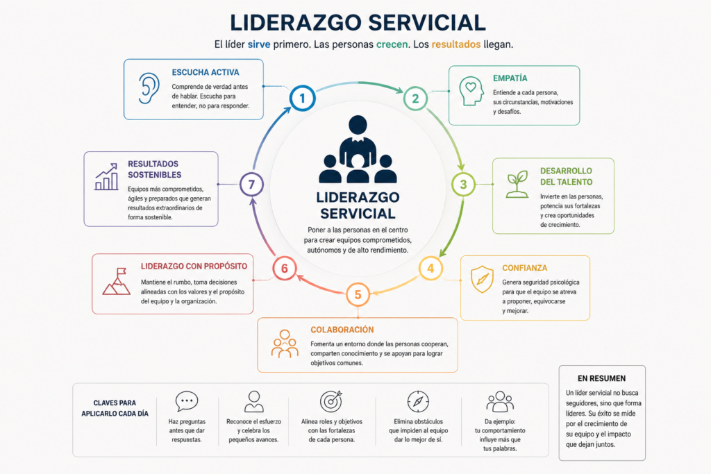 Diagrama que explica los principios del liderazgo servicial mediante escucha activa, empatía, desarrollo del talento, confianza y colaboración