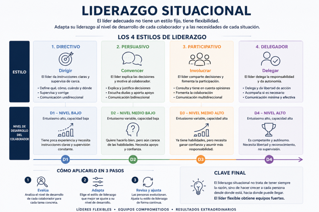 Diagrama que muestra los cuatro estilos del liderazgo situacional y los niveles de desarrollo del colaborador