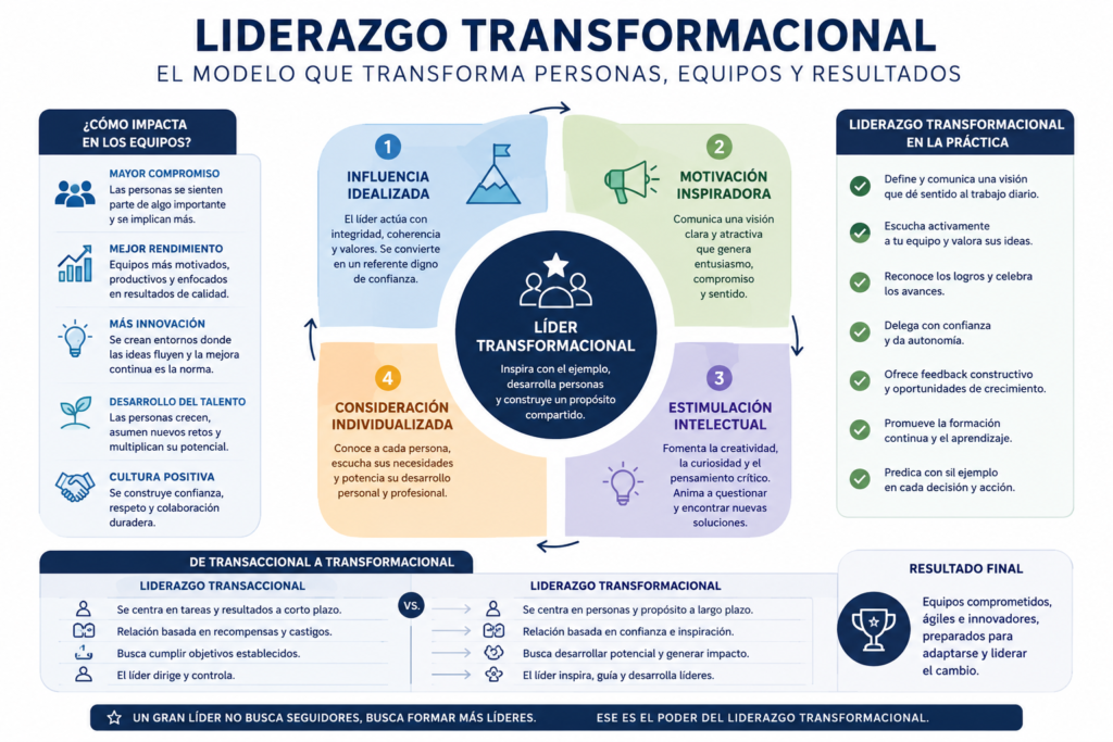 Diagrama que explica los cuatro pilares del liderazgo transformacional, su impacto en los equipos y sus principales beneficios