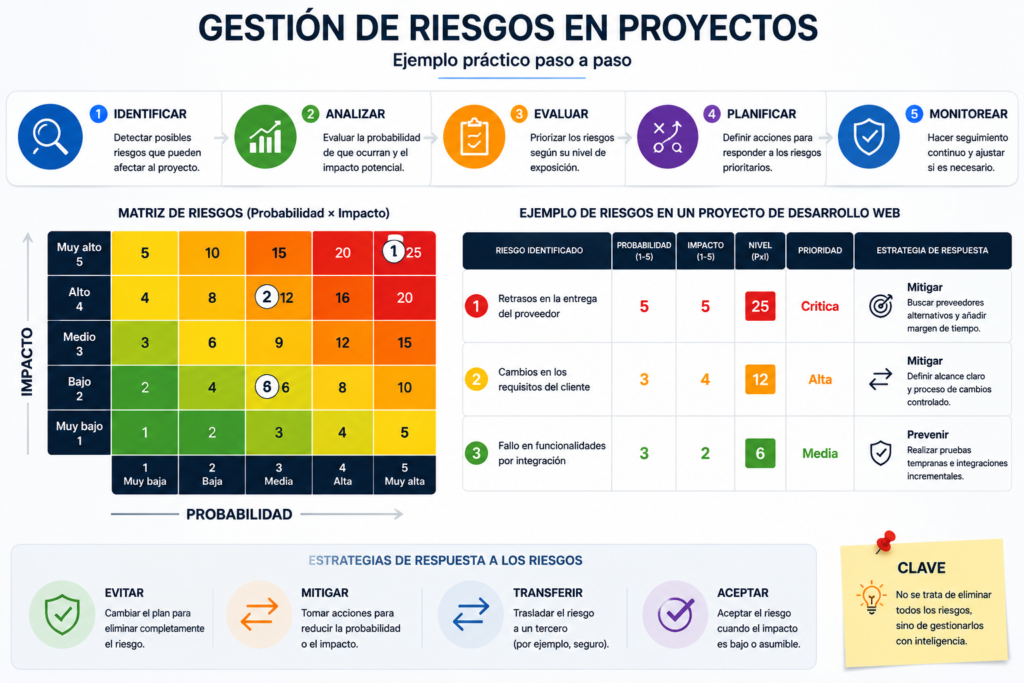 Ejemplo práctico de gestión de riesgos en proyectos con matriz de riesgos, análisis de impacto y plan de respuesta
