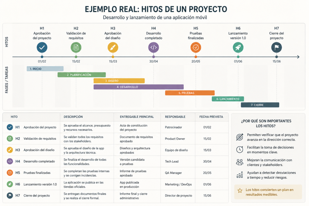 Ejemplo real de los hitos de un proyecto representados en un cronograma desde el inicio hasta el cierre