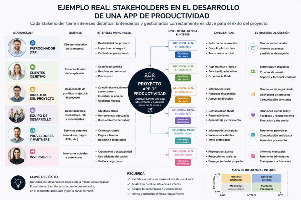 Ejemplo real de stakeholders en un proyecto con mapa de influencia e interés y estrategia de gestión para cada grupo