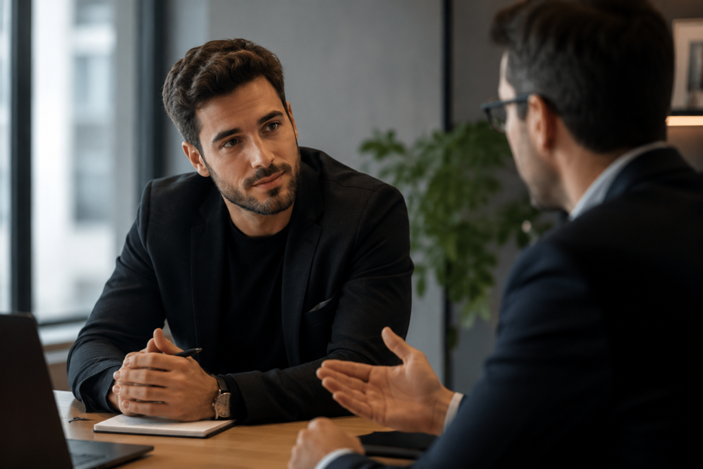 Profesional practicando la escucha activa durante una conversación con un compañero de trabajo
