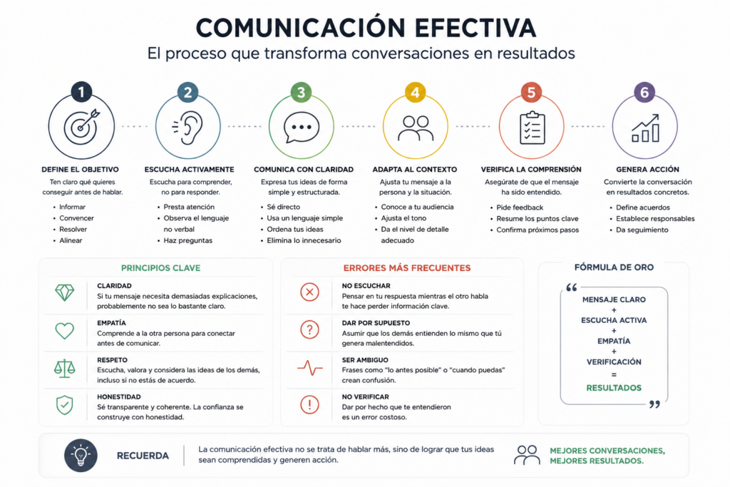 Esquema visual con los principios y el proceso de la comunicación efectiva en el entorno profesional.