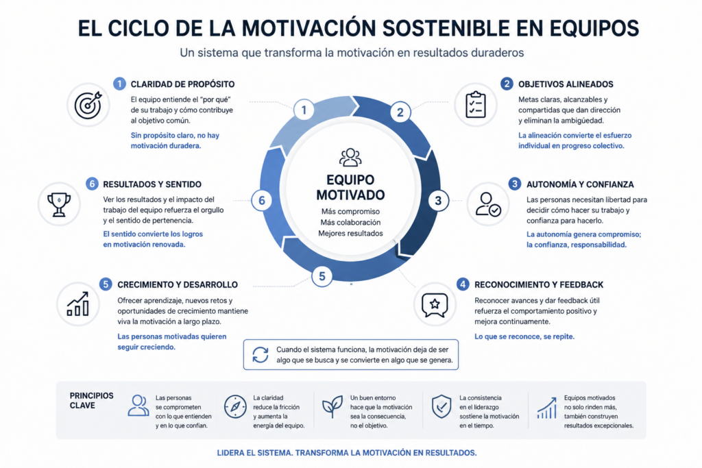 Diagrama con los principales factores que influyen en la motivación de equipos: propósito, objetivos, autonomía, reconocimiento, desarrollo y resultados.