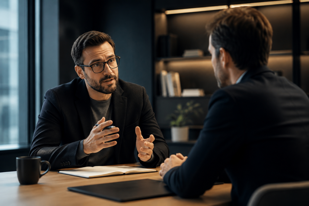 Líder ofreciendo feedback constructivo a un miembro del equipo durante una reunión profesional