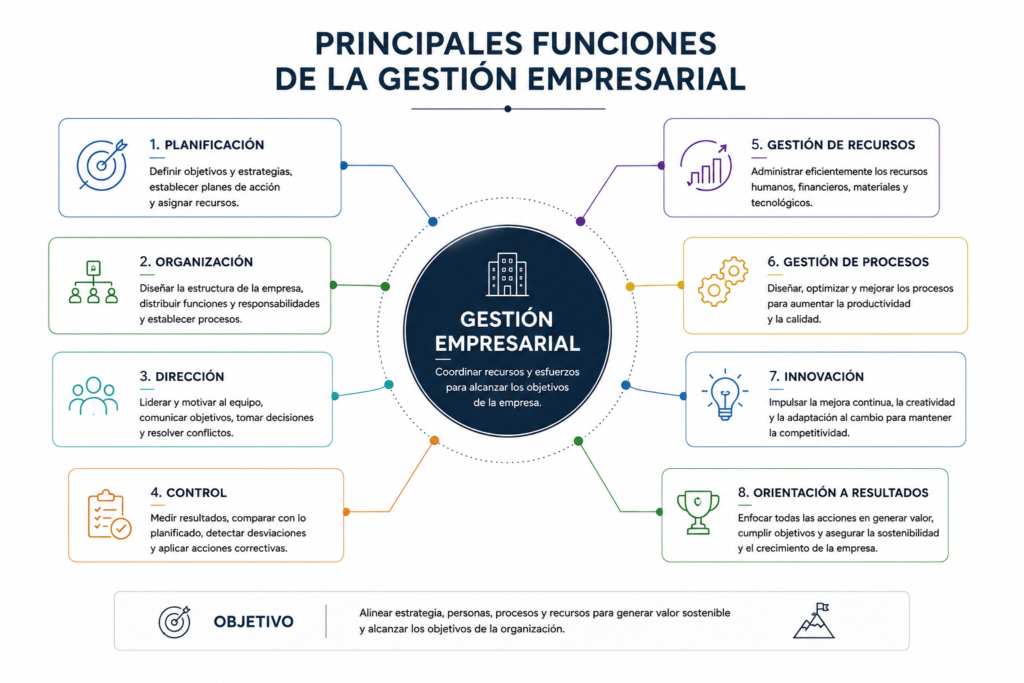 Diagrama de las principales funciones de la gestión empresarial: planificación, organización, dirección y control para mejorar el rendimiento de una empresa.