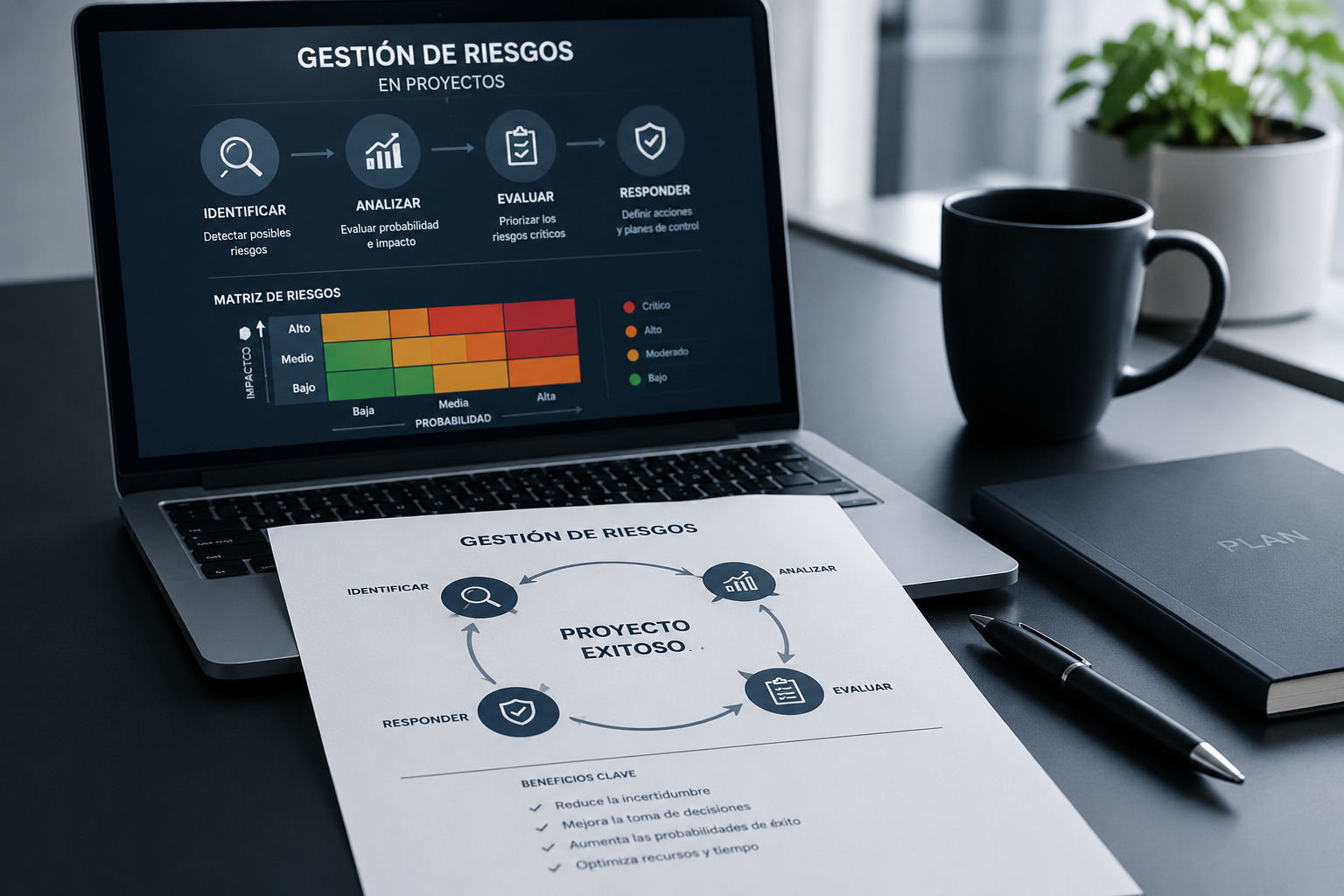 Gestión de riesgos en proyectos con matriz de riesgos y planificación estratégica
