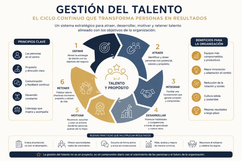 Infografía sobre gestión del talento que muestra el ciclo estratégico para atraer, desarrollar, motivar y retener profesionales dentro de una organización.