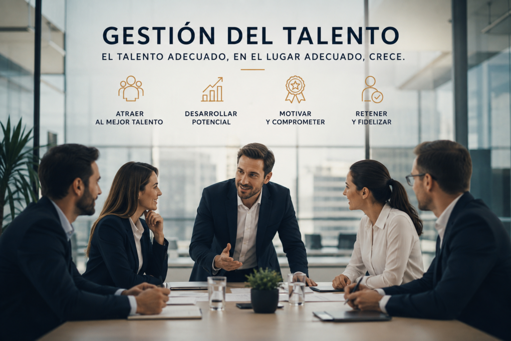 Equipo directivo reunido para diseñar una estrategia de gestión del talento centrada en atraer, desarrollar, motivar y retener a los mejores profesionales.