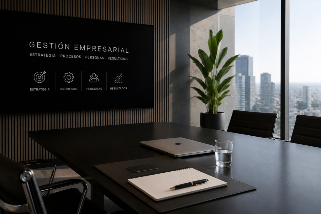 Sala de reuniones moderna que representa la gestión empresarial mediante la planificación estratégica, la organización de procesos y la toma de decisiones.