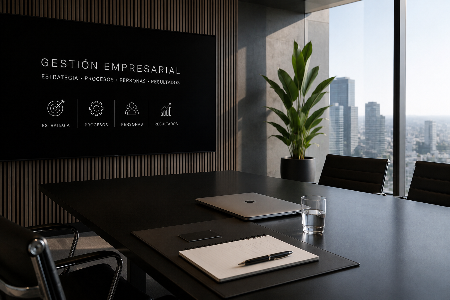 Sala de reuniones moderna que representa la gestión empresarial mediante la planificación estratégica, la organización de procesos y la toma de decisiones.