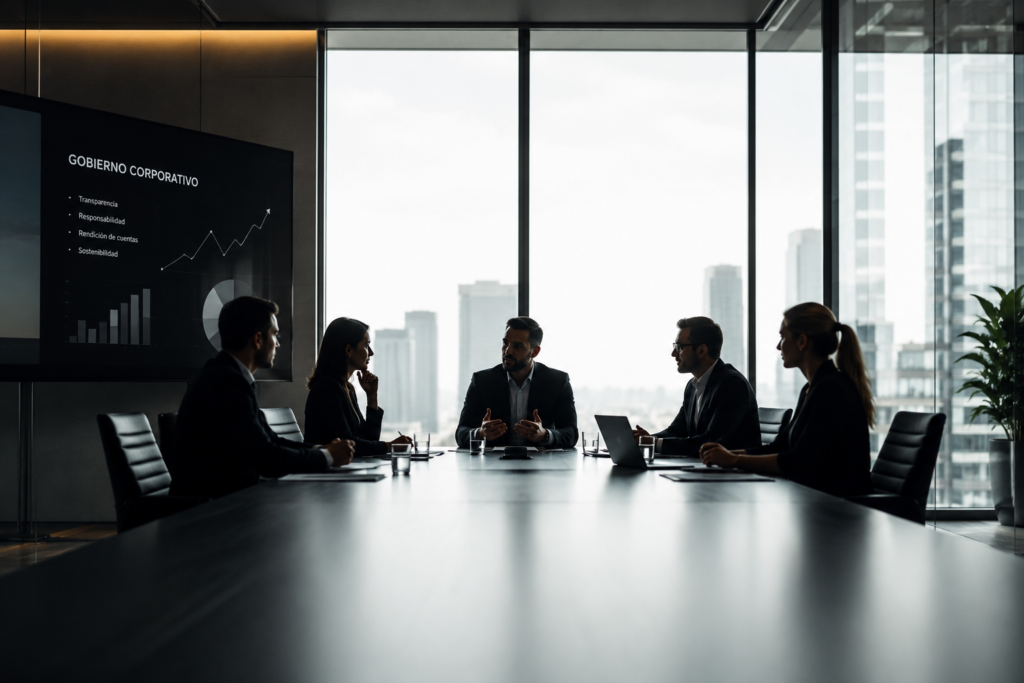 Consejo de administración reunido para definir la estrategia y el gobierno corporativo de una empresa