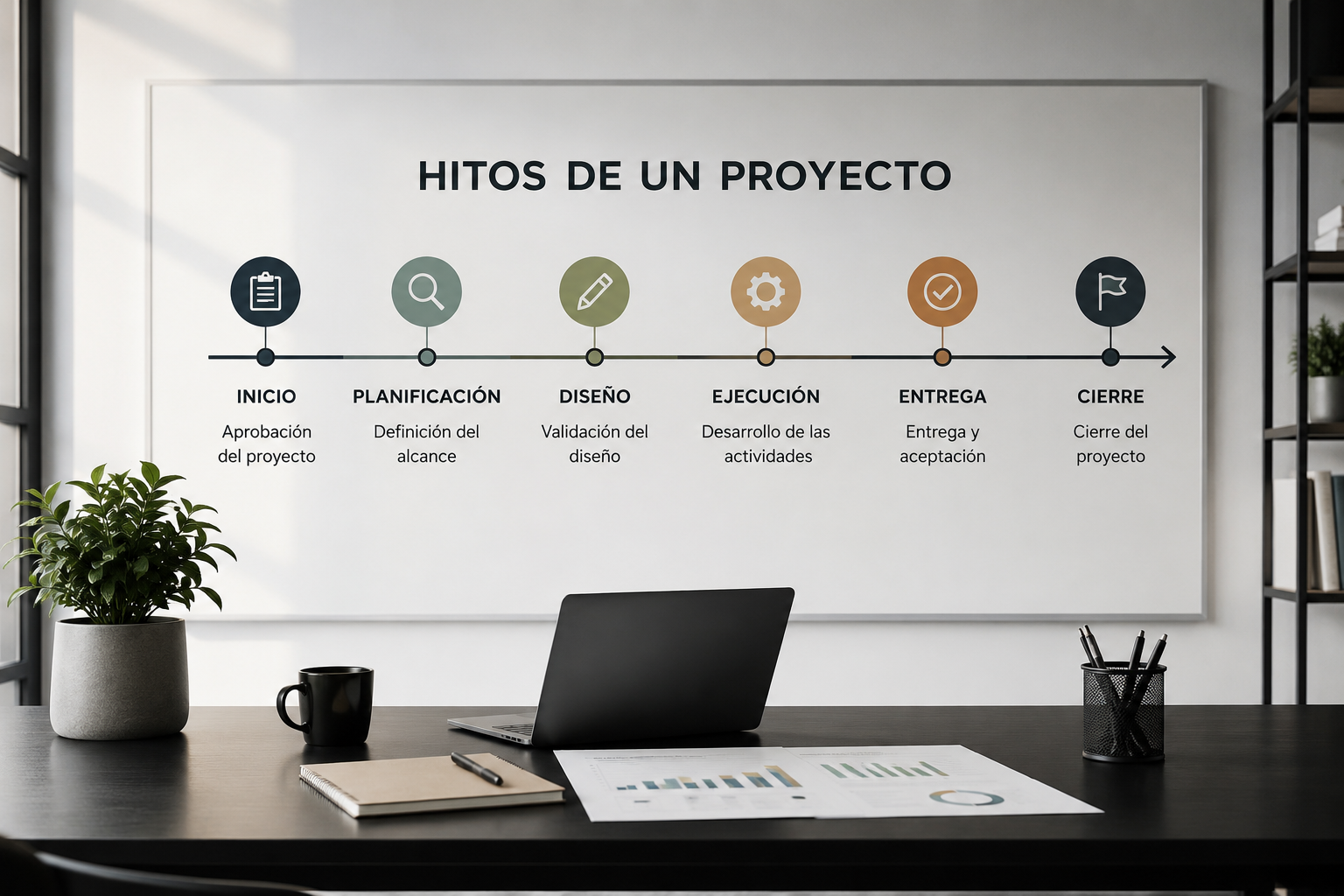 Cronograma con los principales hitos de un proyecto desde la planificación hasta el cierre
