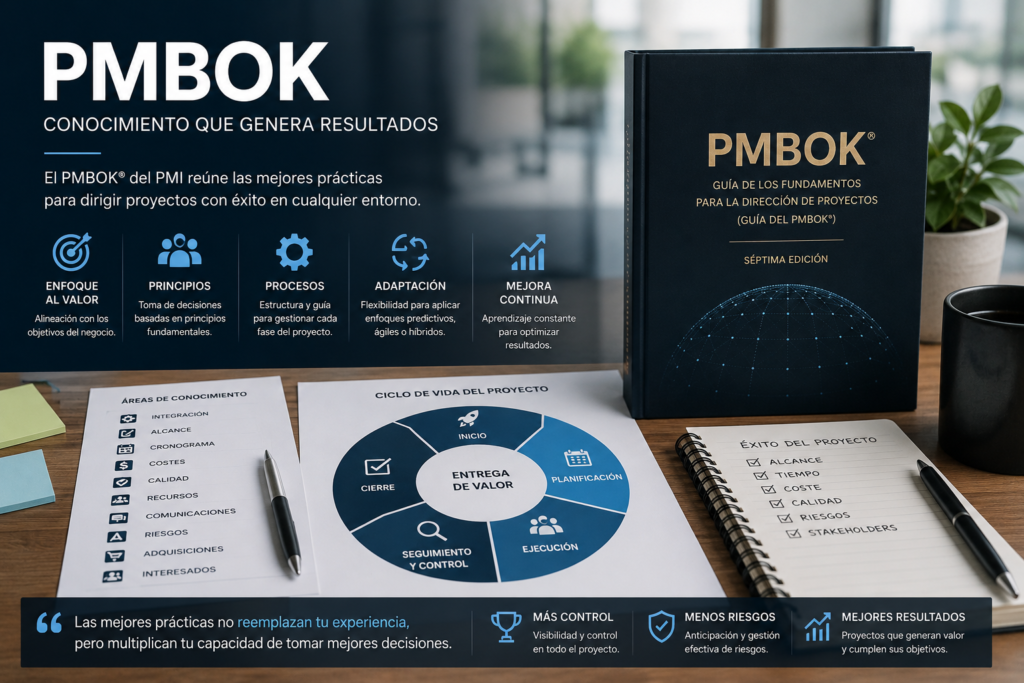 Infografía de PMBOK con principios, procesos y gestión de proyectos para mejorar la planificación y la toma de decisiones